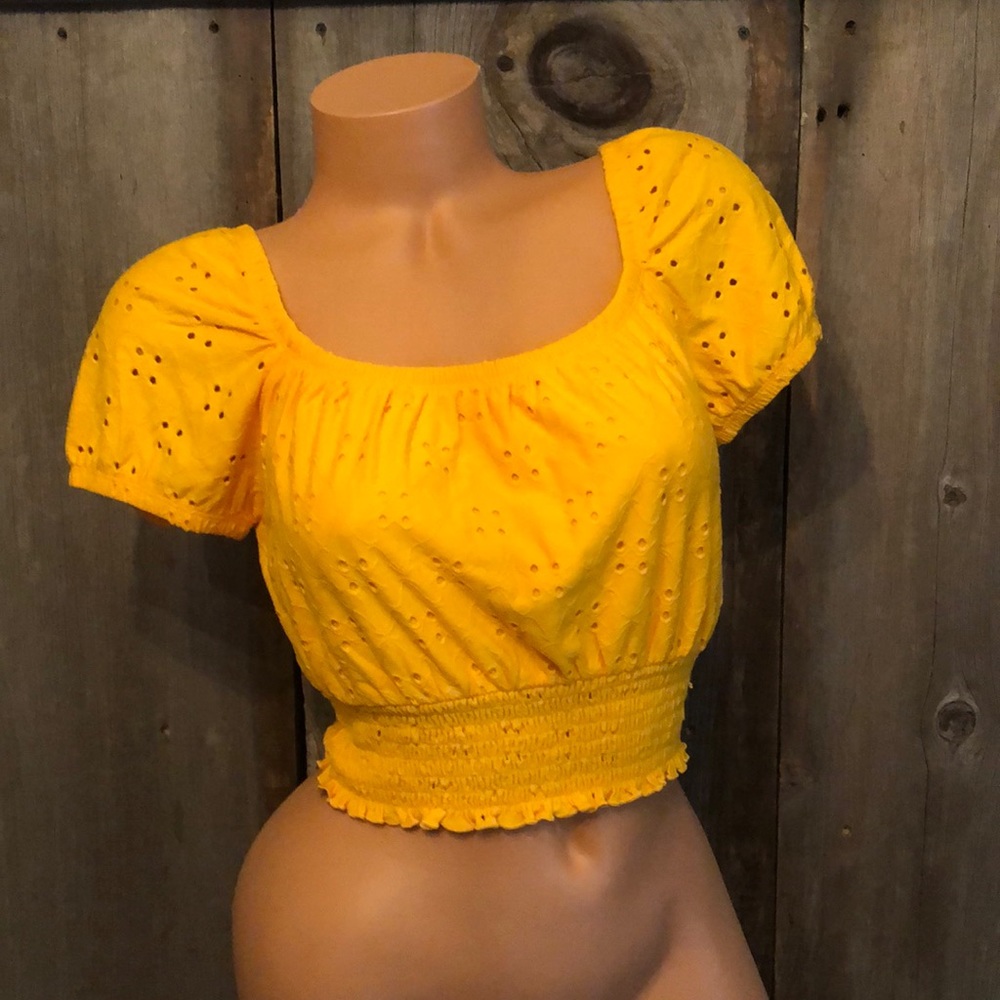 Hollister Eyelet Smocked Crop Top in Orange Yellow Size Small